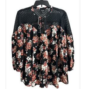 A.n.a Black Floral Crochet Top Puffy Sleeves Boho Tunic Top Women’s Size XL